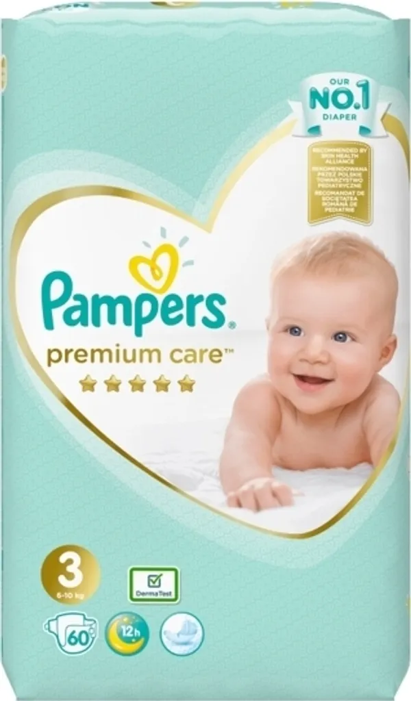 Couches Bébé Premium Care Pampers Taille 3 pour Peaux Sensibles x60