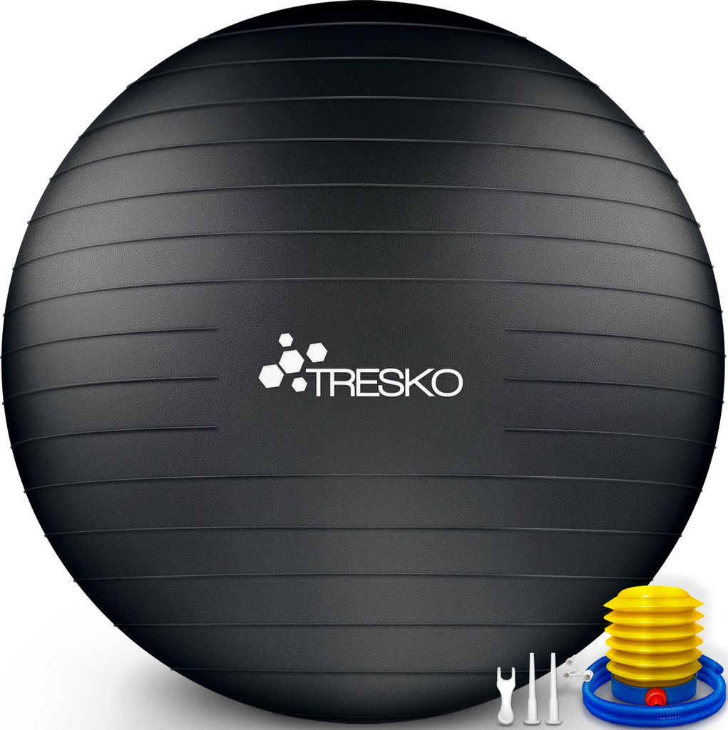 TRESKO Gymnastikball (Schwarz, 55cm) mit Pumpe Fitnessball Yogaball Sitzball Sportball Pilates Ball Sportball