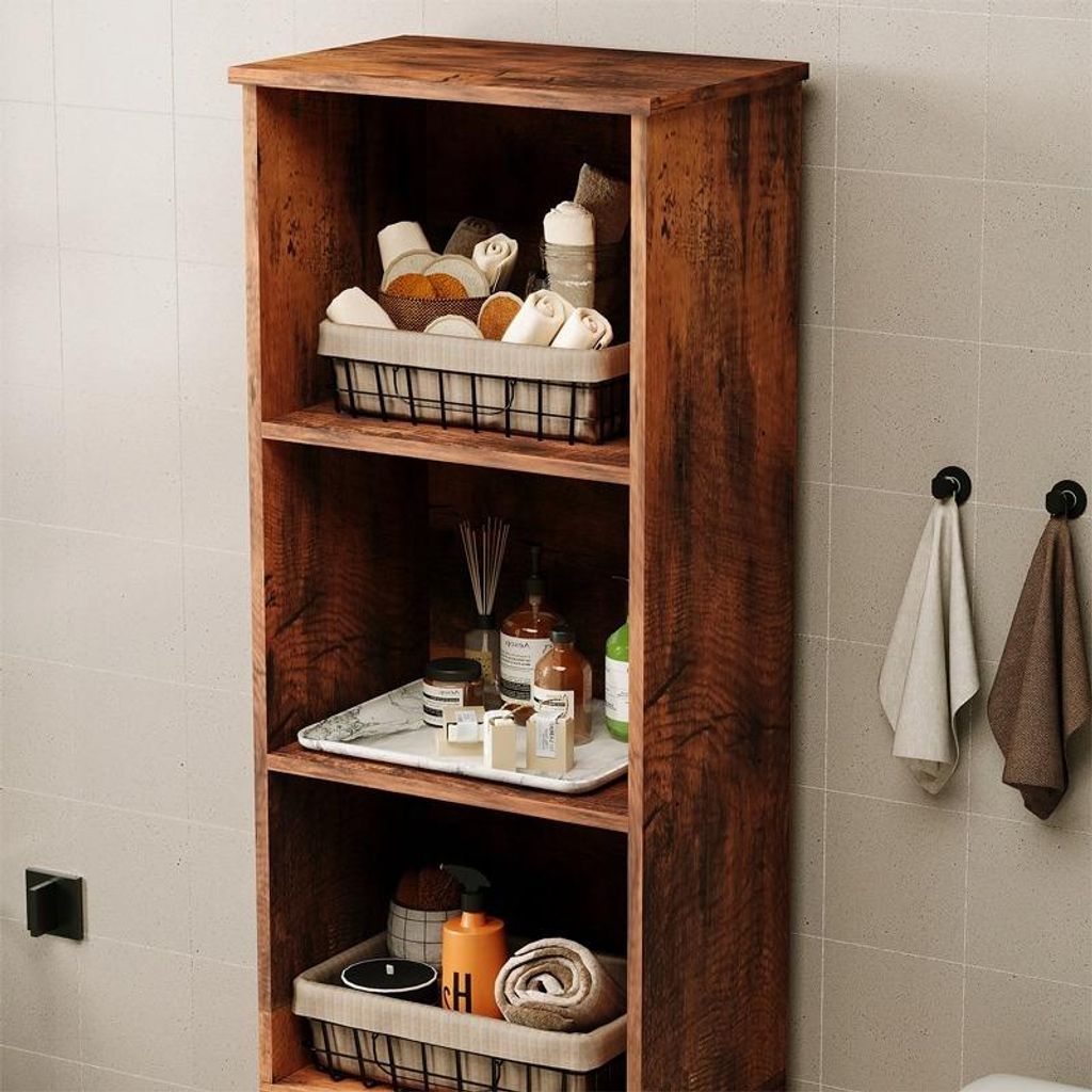 Schmaler, rustikaler Badezimmerschrank in Dunkelbraun, 167 Produktbild 
