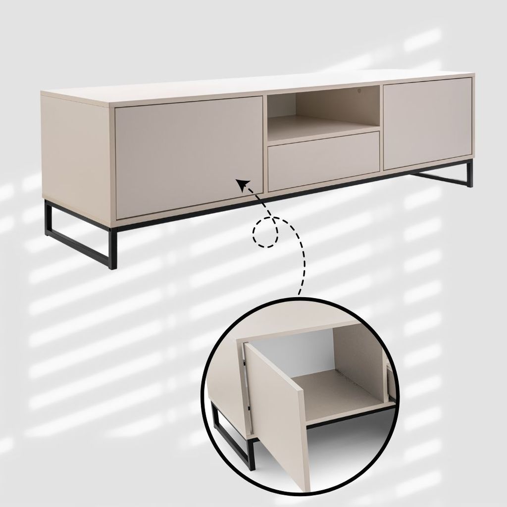 A beige TV cabinet with a black frame and a drawer, shown with a close-up detail of an open compartment.