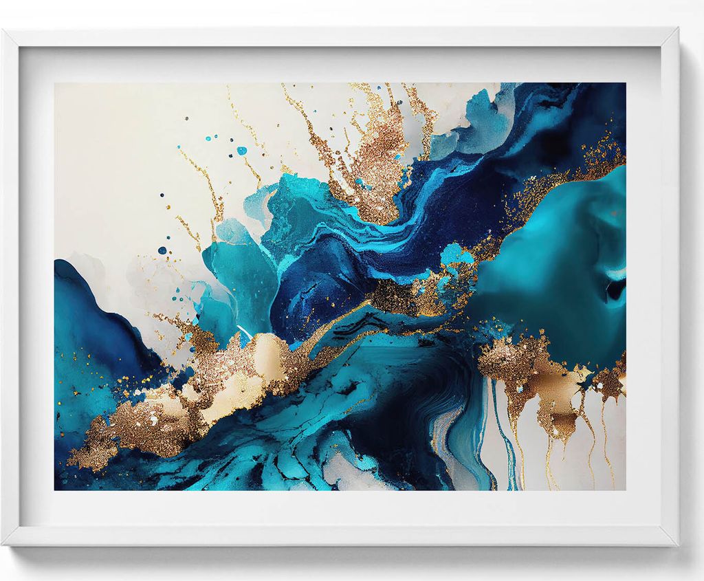 Flüssige Abstraktion mit Gold– Wandbild mit Rahmen – Gerahmtes Bild – Wanddekoration – 80x60 cm – Weiß Rahmen