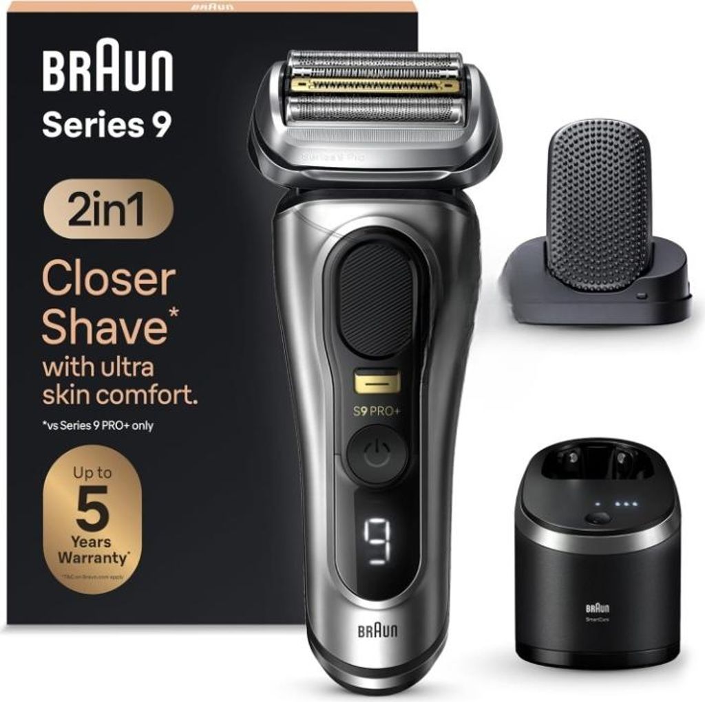 A Braun Series 9 electric shaver and its accessories are displayed against a black background, with packaging on the left.