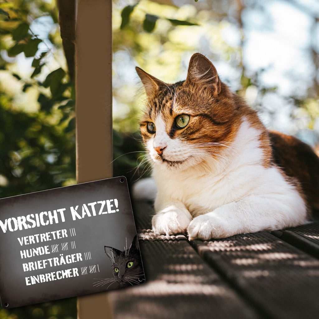 Schild „Vorsicht – Pflichtbewusste Katze“ 30x20cm – Aluverbund, UV-beständig | Für Garten, Tür, Warnhinweis