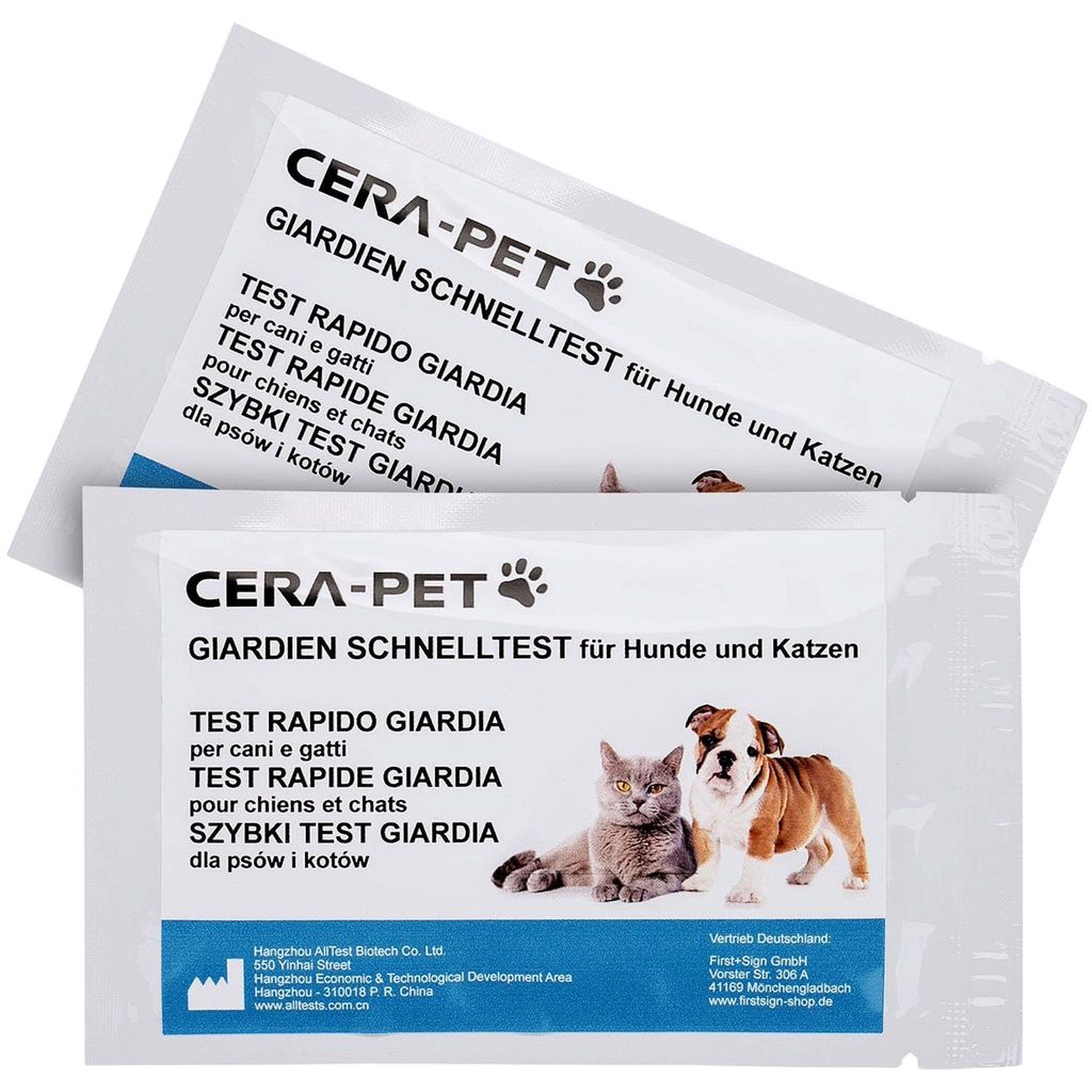 Two sealed test kits for pets, one slightly overlapping the other, with text and images of a cat and dog.