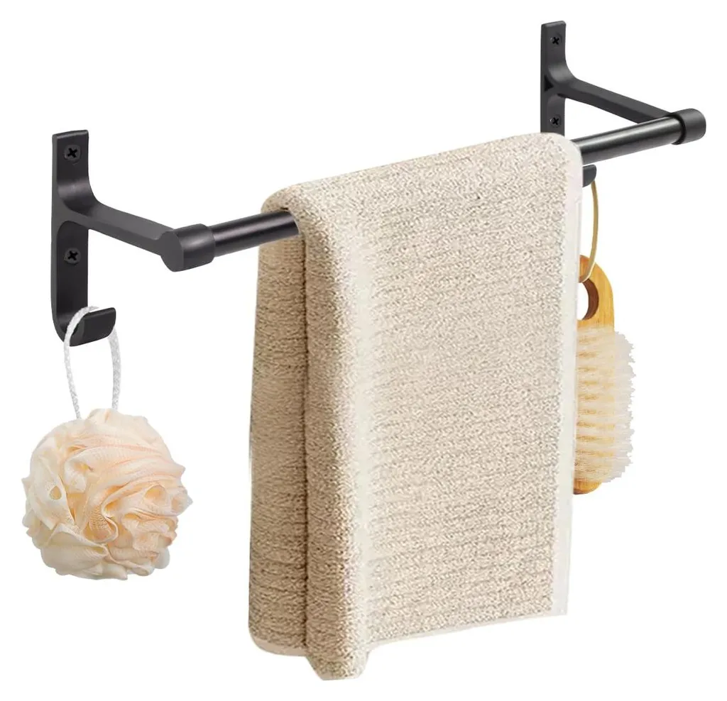 Porte-serviettes mural 40 cm noir mat avec crochets latéraux intégrés