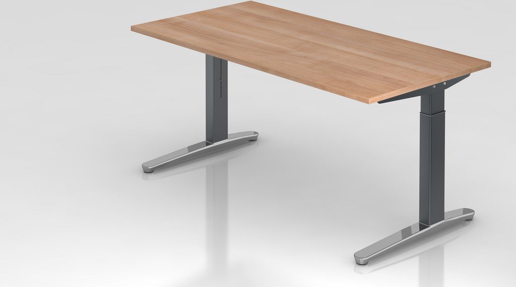 Schreibtisch Mika | Nussbaum | Graues Gestell poliert | BxT 160x80cm | Arbeitshöhe 65-85cm | höhenjustierbar, 1cm Raster | C-Fuß-Gestell | Recht...