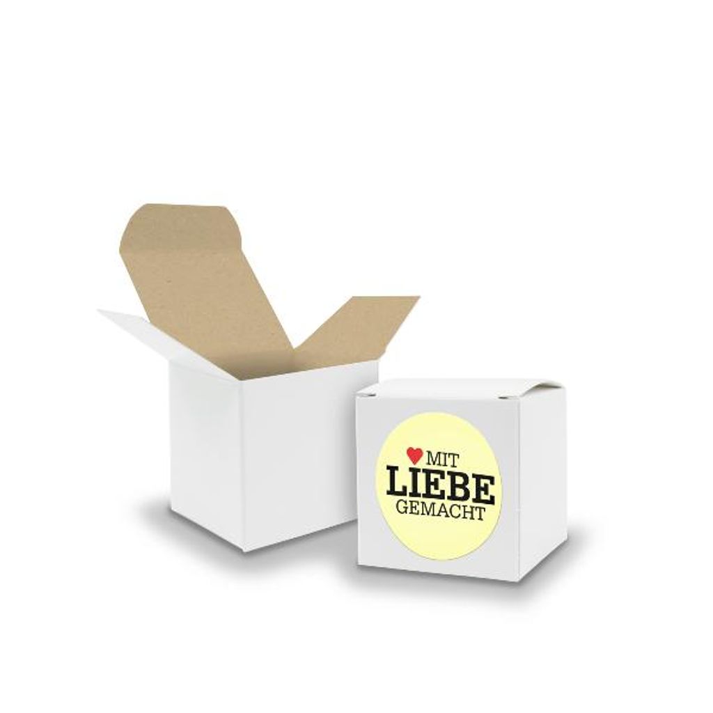 SET mit Liebe gemacht (Motiv8) 24x Faltschachtel Würfel 5cm weiß innen braun+Sti