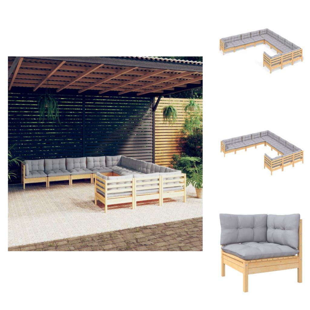 vidaXL 11-tlg. Garten-Lounge-Set mit Grauen Kissen Kiefernholz - Gartenmöbel-Sets