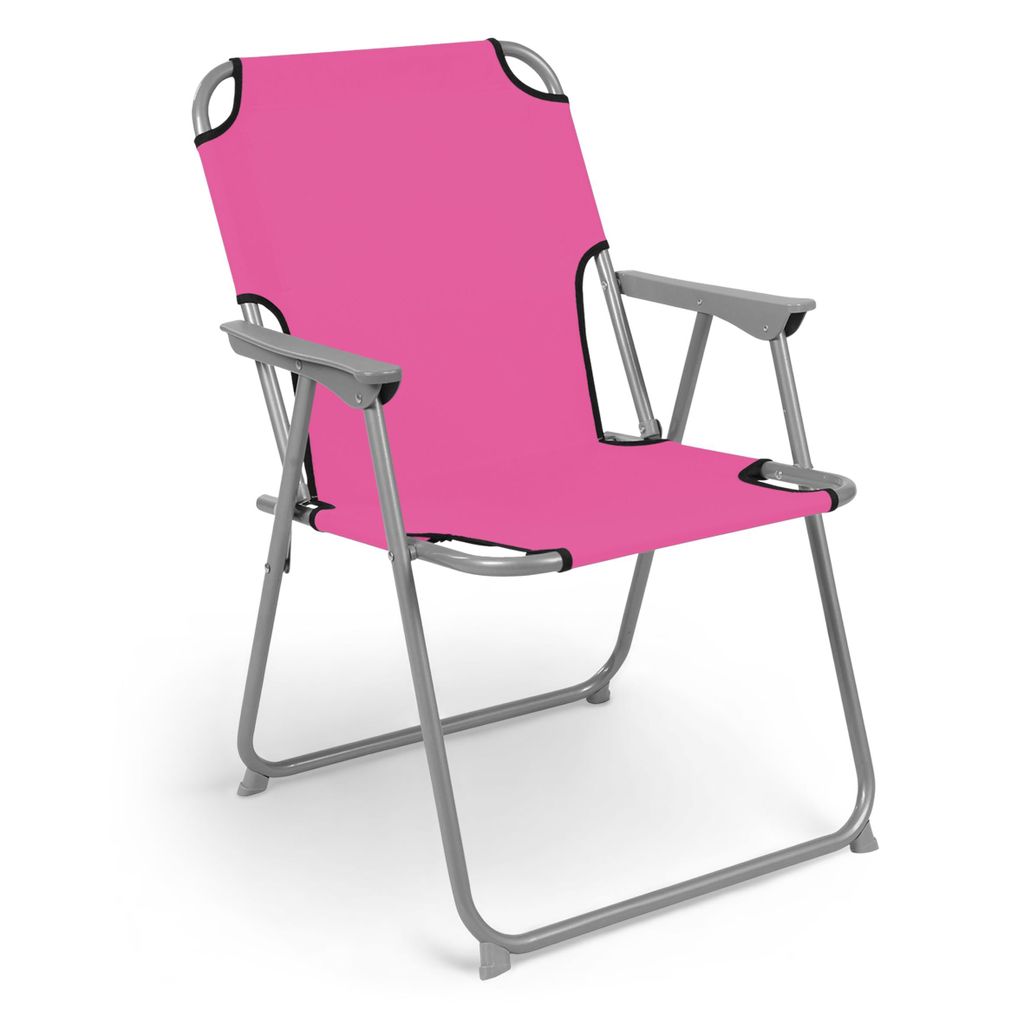A pink camping chair on a white background.