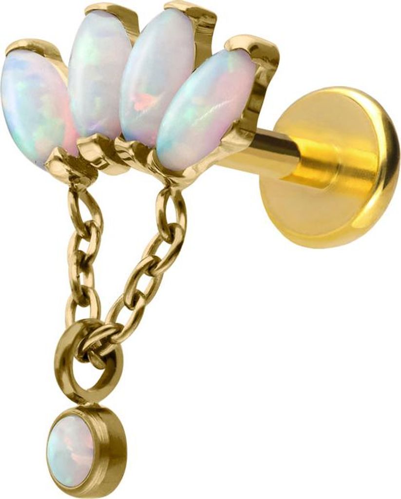 Ohrpiercing, Nasenpiercing Titan Labret mit Push Fit LOTUSBLÜTE + SYNTHETISCHE OPALE Gold Stablänge: 10mm | Stabstärke: 1mm