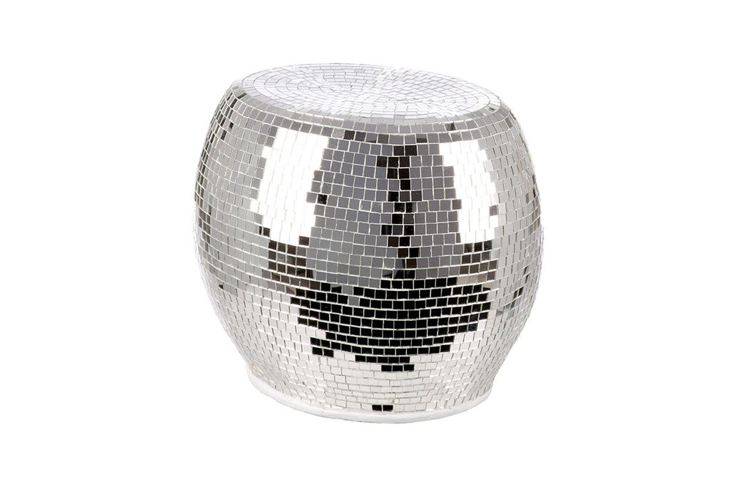 Gilde Beistelltisch, oval, "Disco", Fiberglas, Spiegelglas, silberfarben, VE 1, L. 35 cm, B. 41 cm, H. 36 cm 79922