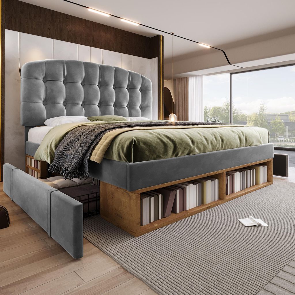 MODFU Jugendbett Polsterbett 140x200 mit Schubladen und Offener Stauraum Einzelbett Funktionsbett mit gebogenem höhenverstellbarem Kopfteil Schlaf...