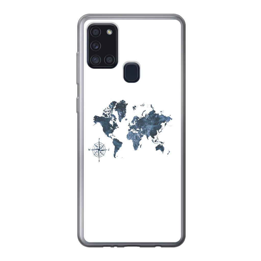MuchoWow Handyhülle Schutzhülle Hülle für Samsung Galaxy A21s Weltkarte - blau - Kompass Silikon Softcase Handy Hülle - Hartschale