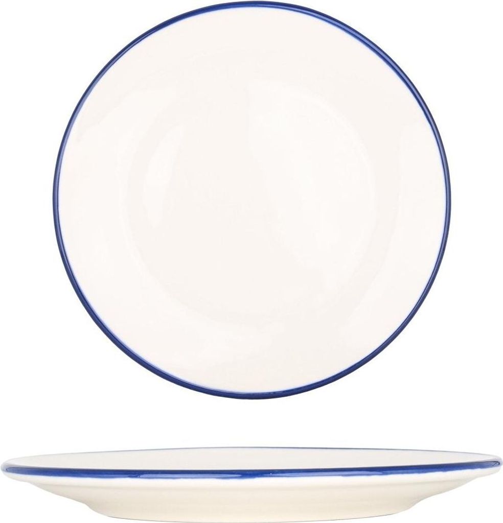 A white dessert plate with a blue rim, shown from two angles.
