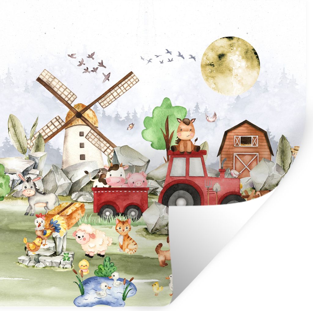 MuchoWow Wandtattoo Wandsticker Wandaufkleber Bauernhof - Traktor - Kinder - Tiere 30x30 cm Selbstklebend und Repositionierbar - Repositionierbar...