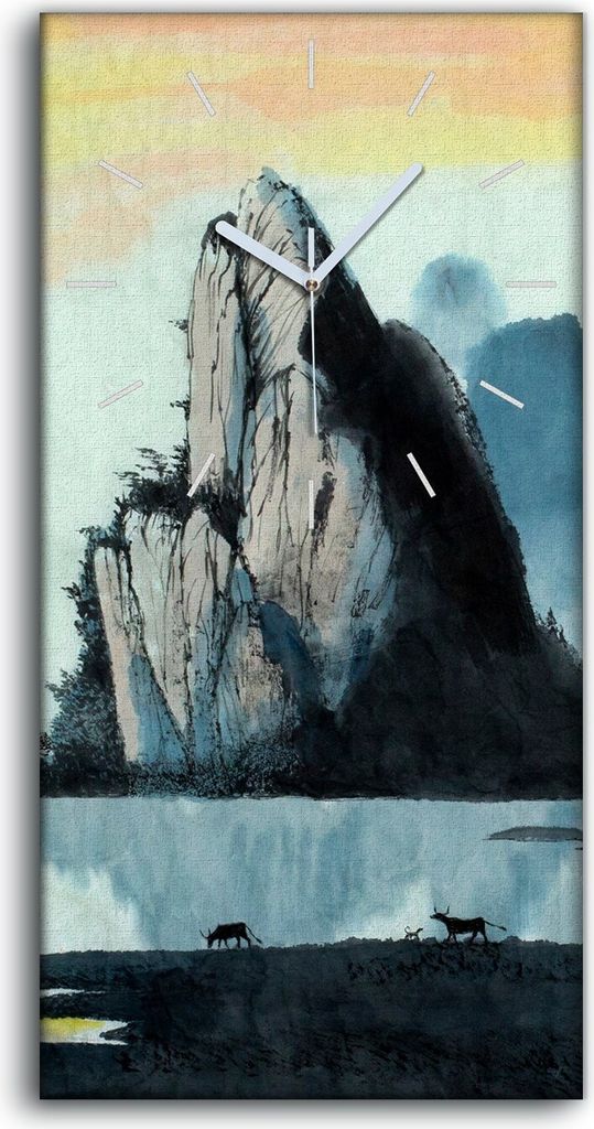 Wanduhr Bürouhr Leinwand Bild 30x60 Chinesische Landschaft Berg und Fluss - weiße Hände