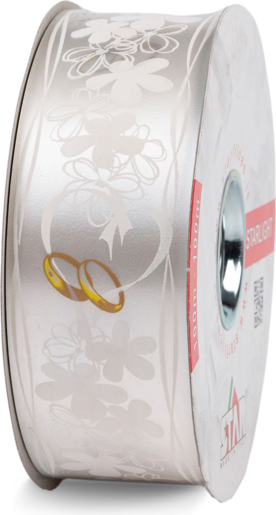 Geschenkband Ringelband Eheringe & Blumen Motiv 50mm x 50m Rolle Weiß