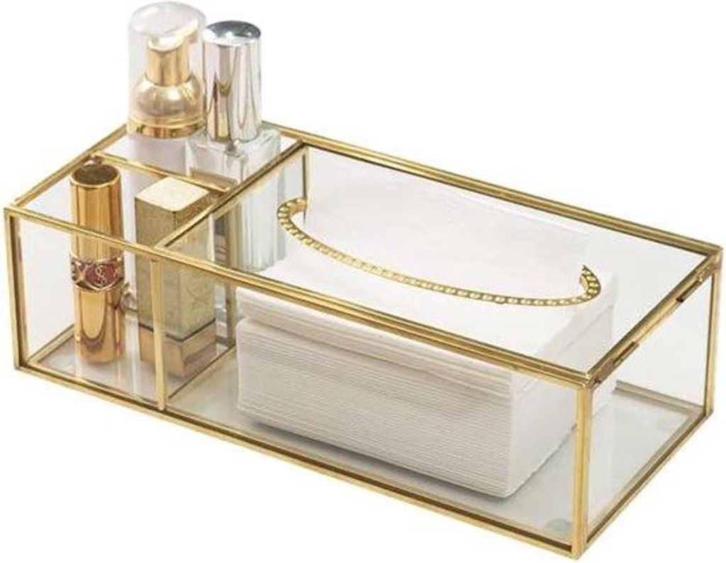 Kosmetik-Tüten-Set Glas-Make-up-Organizer Tissuebox Schönheits-Organizer Bürstenhalter Goldene Kosmetik-Dose