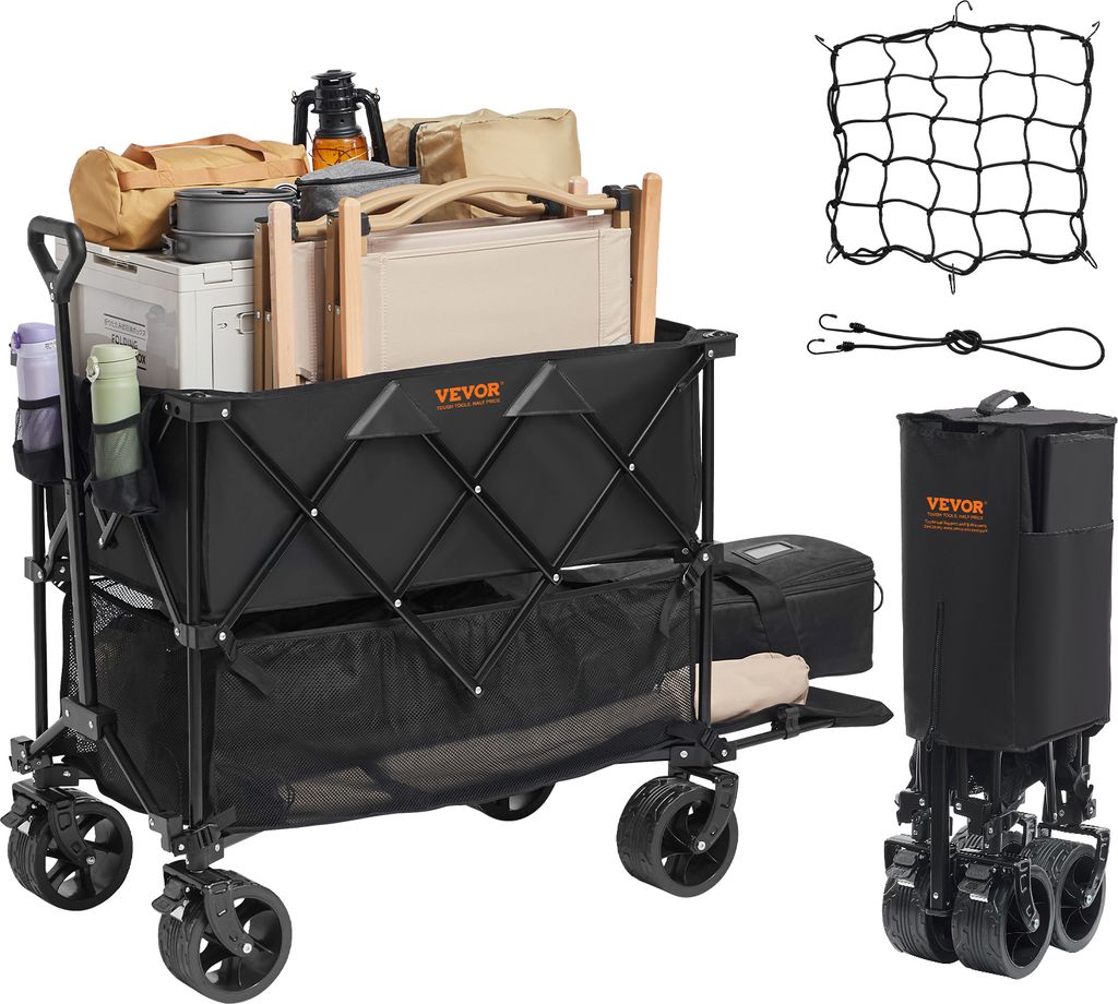 A VEVOR folding wagon loaded with camping gear, shown with accessories like a cargo net and bungee cords.