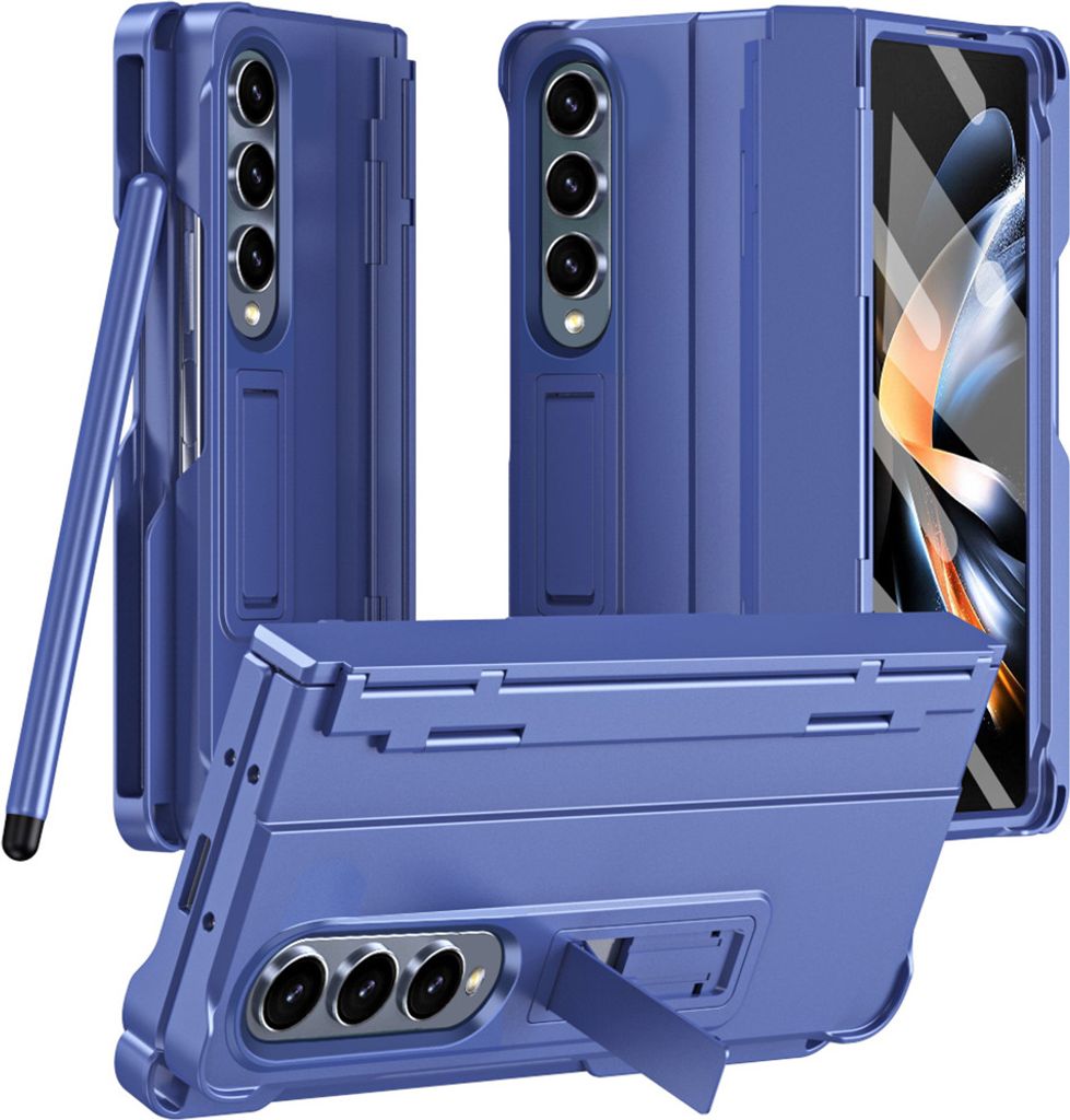 Handyhülle für Samsung Galaxy Z Fold 3 5G mit Pen, Scharnierschutz Hart Robuste Stoßfest Hülle mit Displayschutzfolie Blau