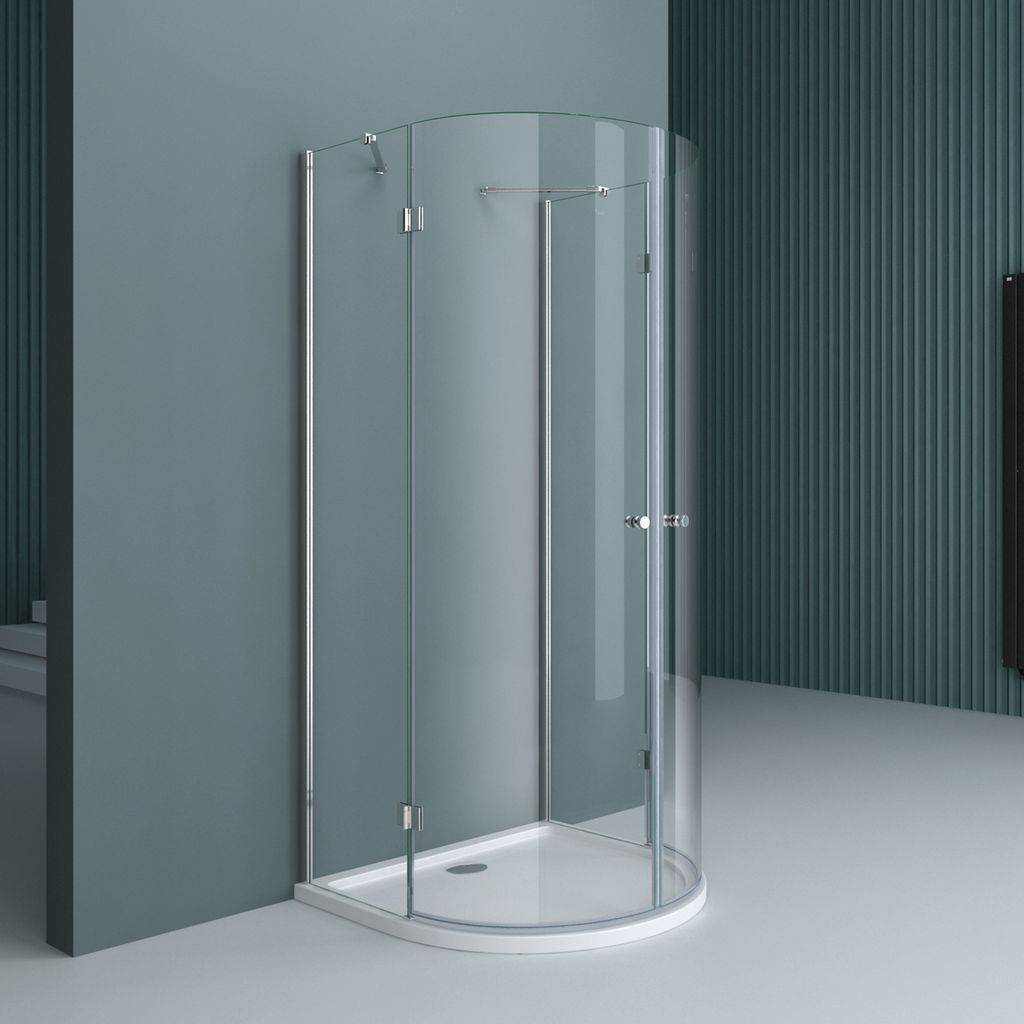 A modern shower cabin with glass doors and a white base, set against a teal wall.