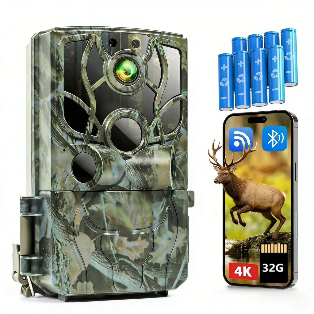 Wildkamera mit Handyübertragung App 4K Wildkamera Wlan mit Bewegungsmelder Nachtsicht Wasserdicht 0,5S Auslösen Inklu 32GB SD-Karte 8 AA-Batterien