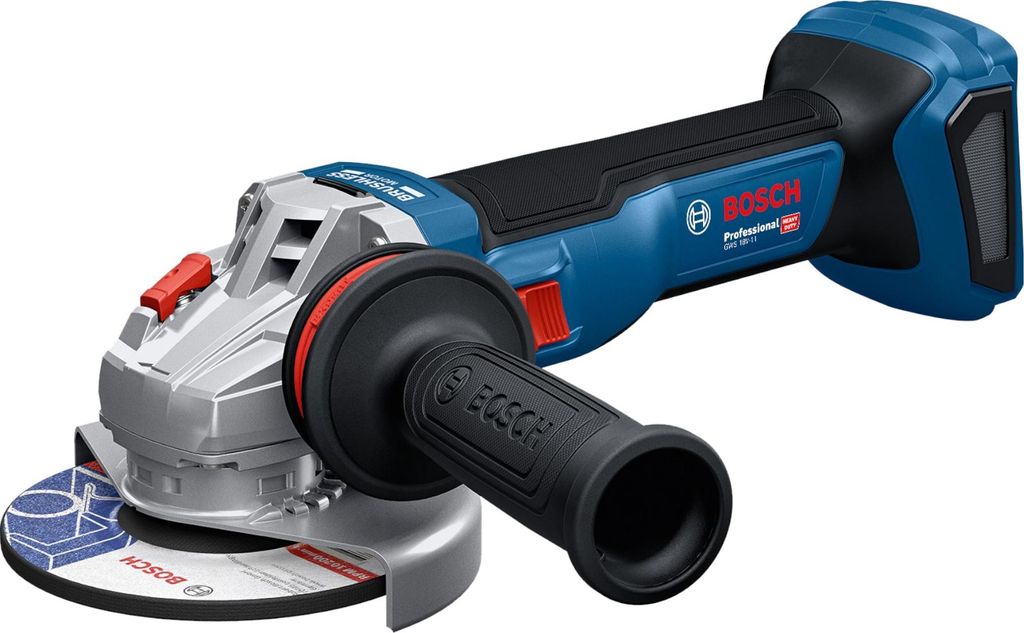 A Bosch cordless angle grinder is shown against a white background.