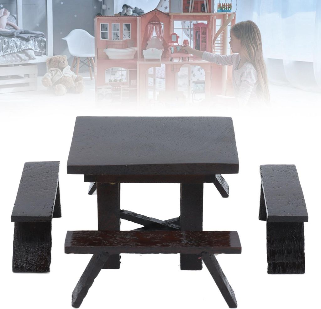 1:12 Puppenhaus Tisch Holzbank Miniatur Schwarz Esszimmermöbel Puppenhaus Dekoration