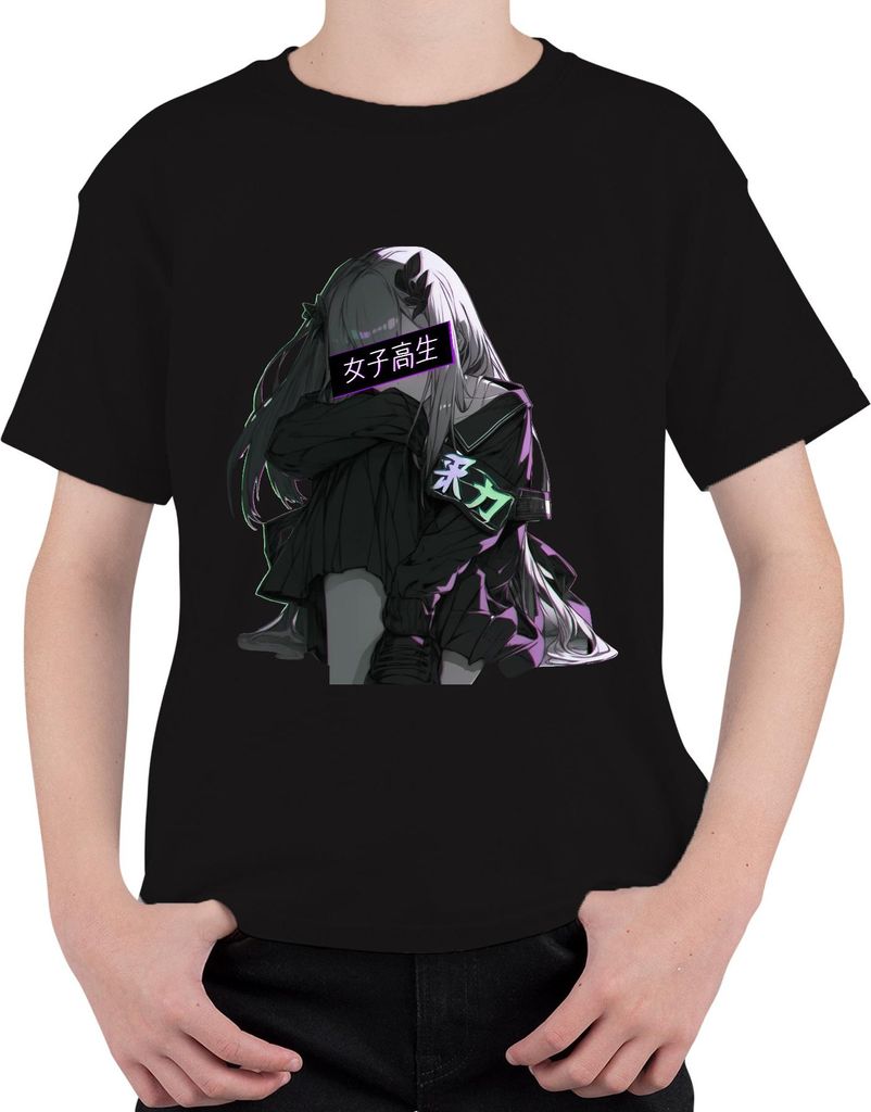 女子高生 Anime Gothic Emo Traurig Vaporwave Neon Ästhetisch Kawaii Uni Kinder T-Shirt, Schwarz, 140