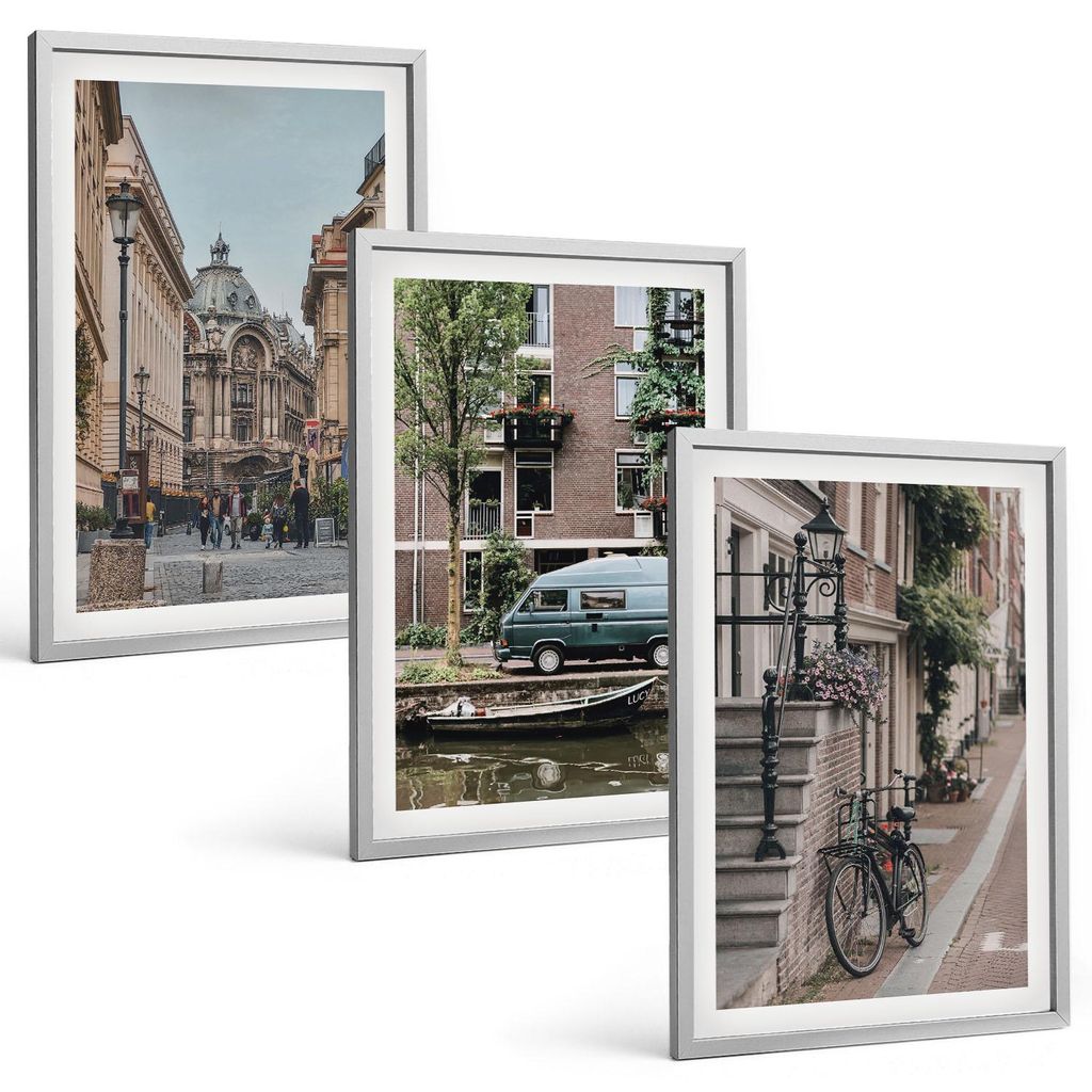 Bilder Set 3-teilig im silbergerahmten Rahmen – Wandbilder 3 Stück – gerahmte Poster für Wohnzimmer, Schlafzimmer und Flur – 40x60 cm – S...