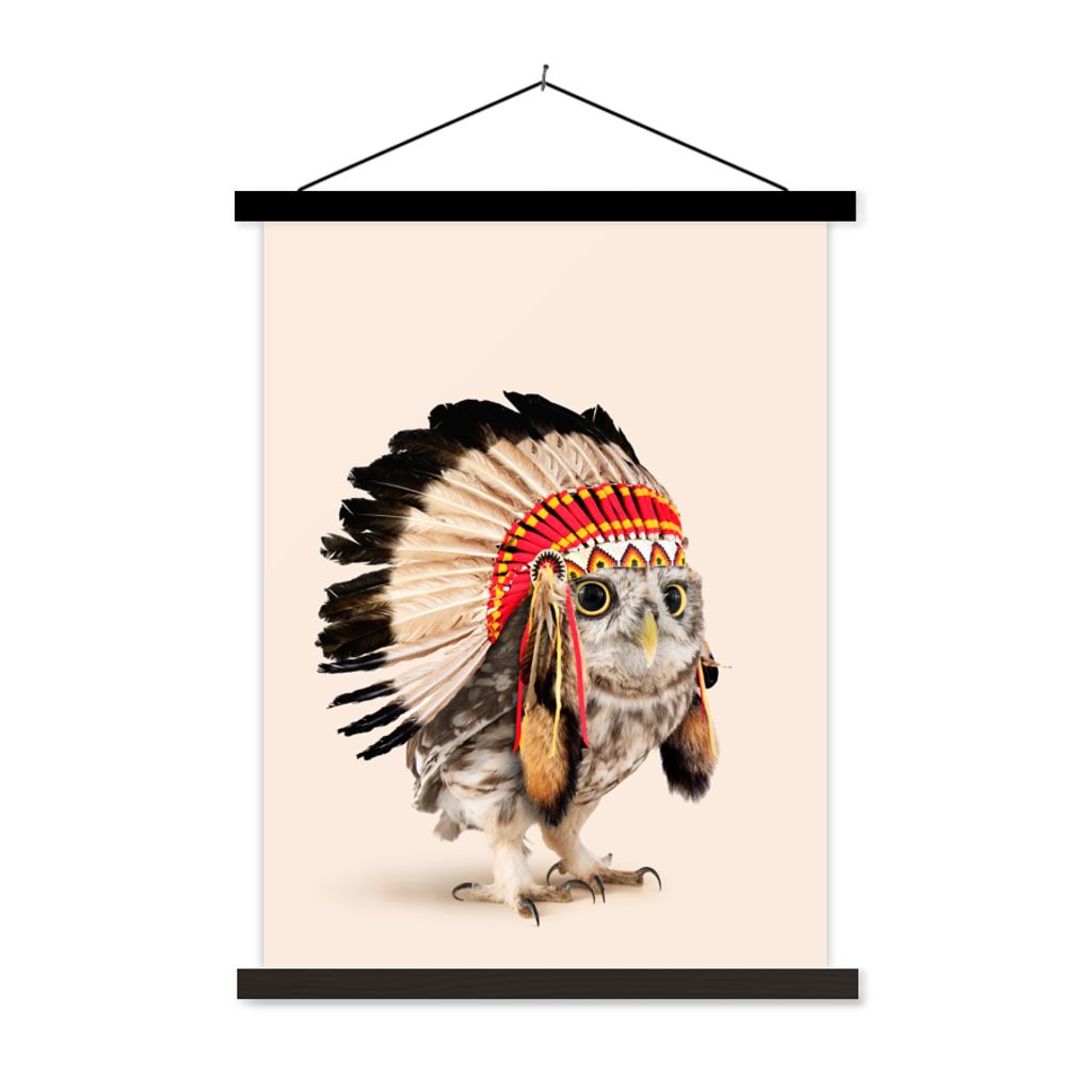 MuchoWow Textilposter Eule - Indianer - Federn - Tiere 40x53 cm mit schwarzem Rahmen - Abbildung