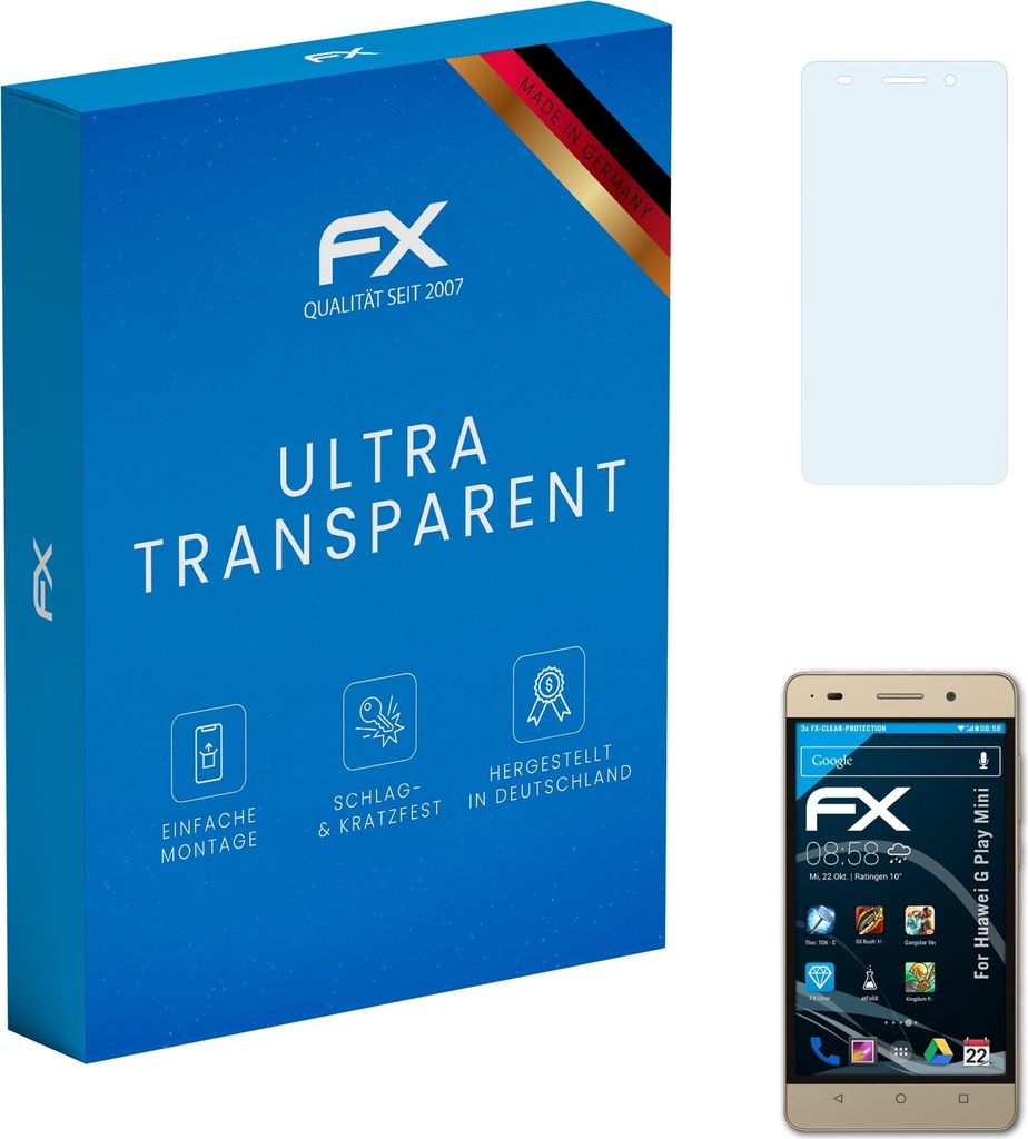 atFoliX FX-Clear 3x Schutzfolie kompatibel mit Huawei G Play Mini Displayschutzfolie