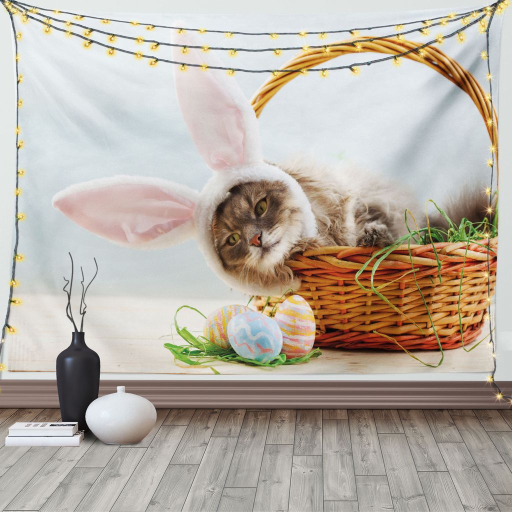 ABAKUHAUS Osterhase Wandteppich, Katze als Oster-Kaninchen, Wohnzimmer Schlafzimmer Wandtuch Seidiges Satin Wandteppich, 150 x 100 cm, Mehrfarbig