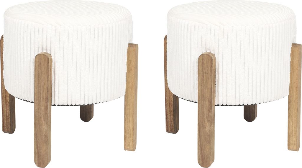 Two beige stools with wooden legs on a white background.