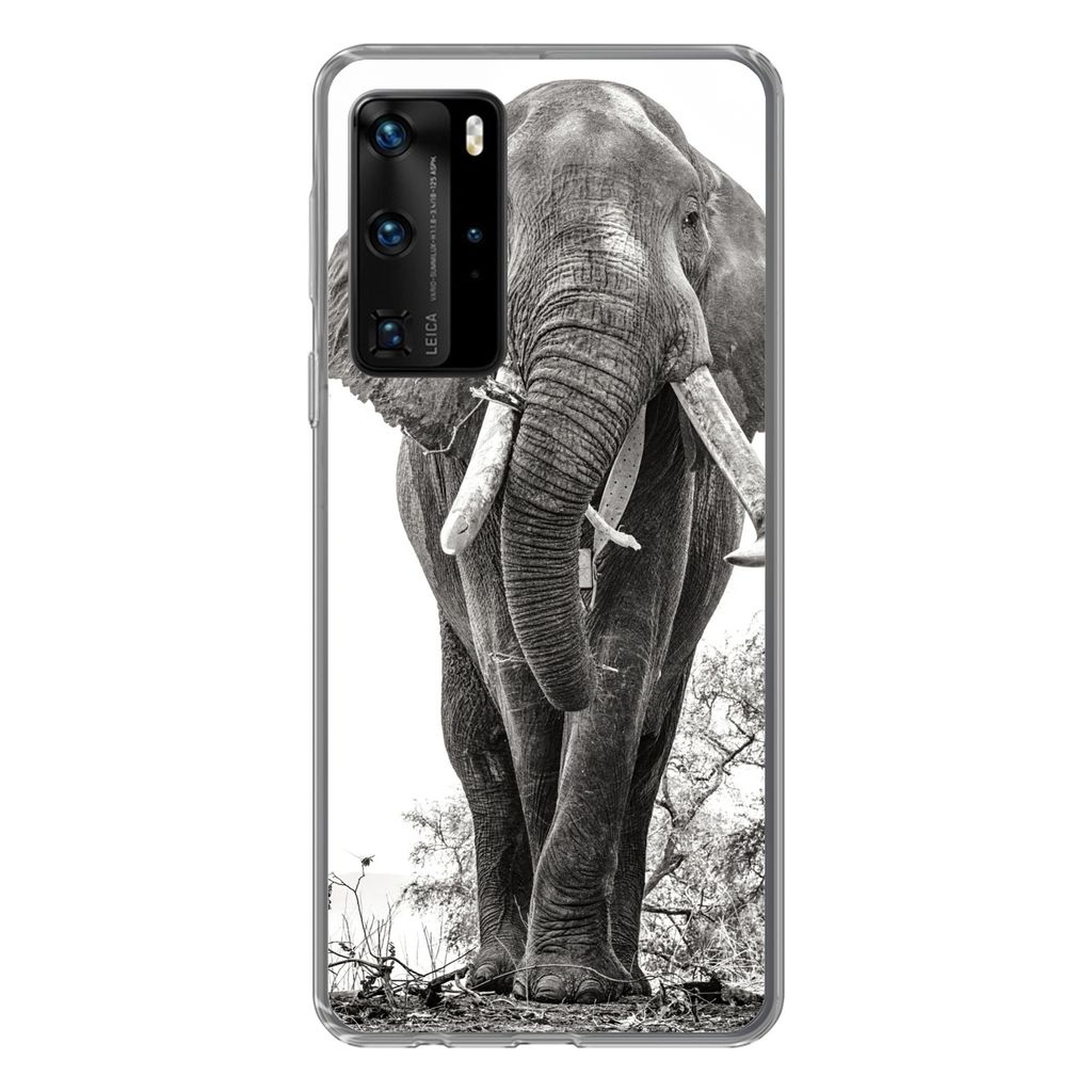MuchoWow Handyhülle Schutzhülle Hülle für Huawei P40 Pro Elefant - Porträt - Tiere - Schwarz und weiß Silikon Softcase Handy Hülle - Schutz