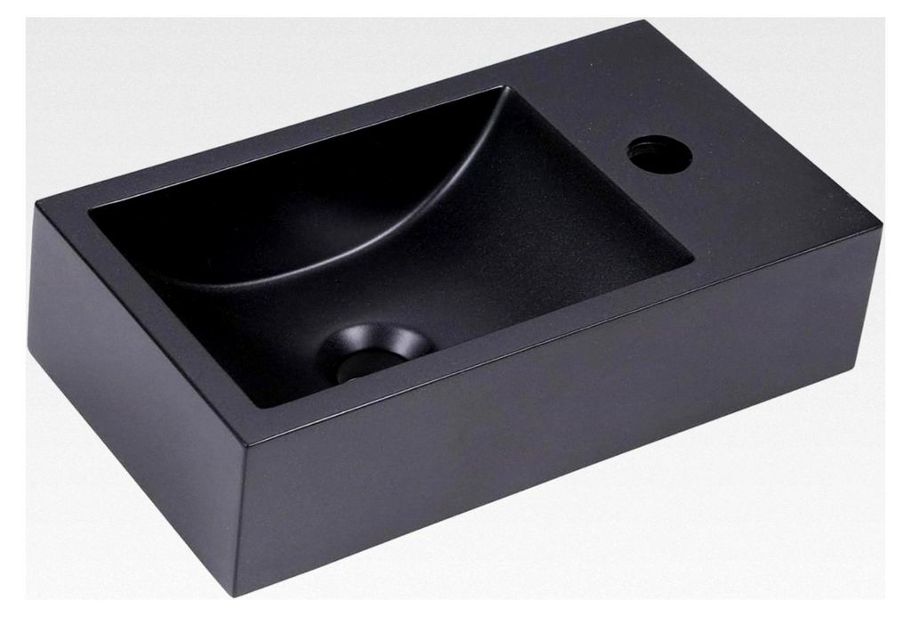 Kleines Gäste-WC Waschbecken aus Quarz, 40x22 cm, Schwarz | Handwaschbecken, Flexible Wand- oder Aufsatzmontage, Hahnloch Links