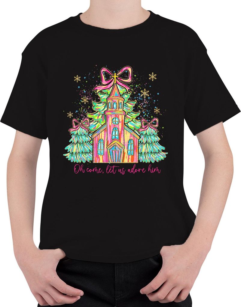 Oh Come Let Us Adore Him Kirche Tannenbaum Schleife Weihnachten Uni Kinder T-Shirt, Schwarz, 140