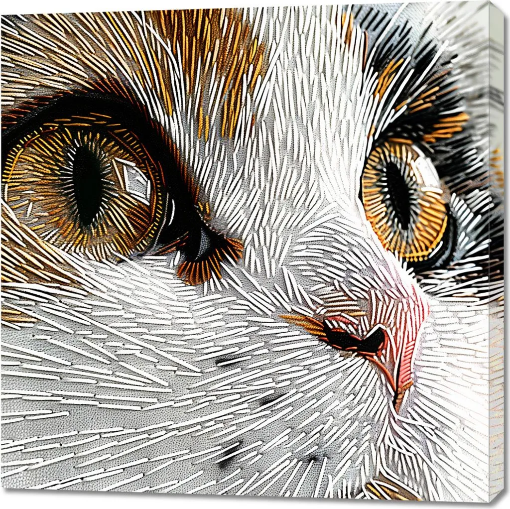Tableau Chat Brodé 90x90 cm - Décoration Murale Artisanale Originale