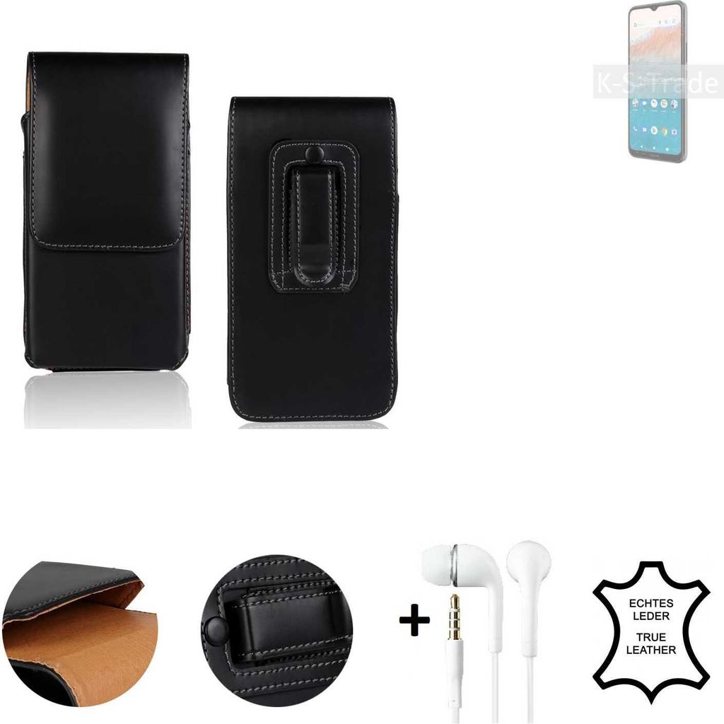 K-S-Trade Leder Gürteltasche + Kopfhörer kompatibel mit Nokia C21 Plus 4GB Seitentasche Belt pouch Holster Handyhülle Schutz Hülle Etui schwarz 1x