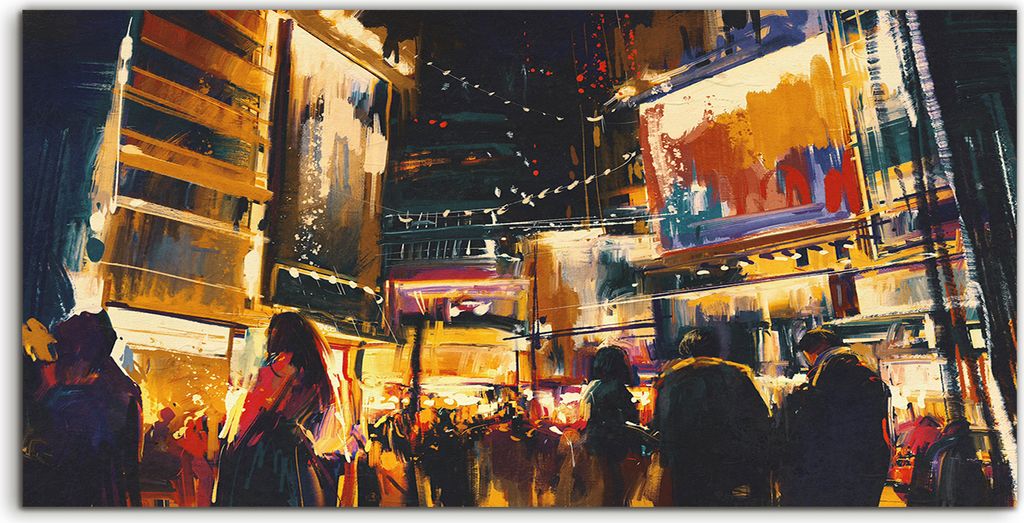Coloray Spritzschutz aus Glas 140x70 Wandkunst Küchenrückwand Bunte Stadt bei Nacht Digitale Malerei