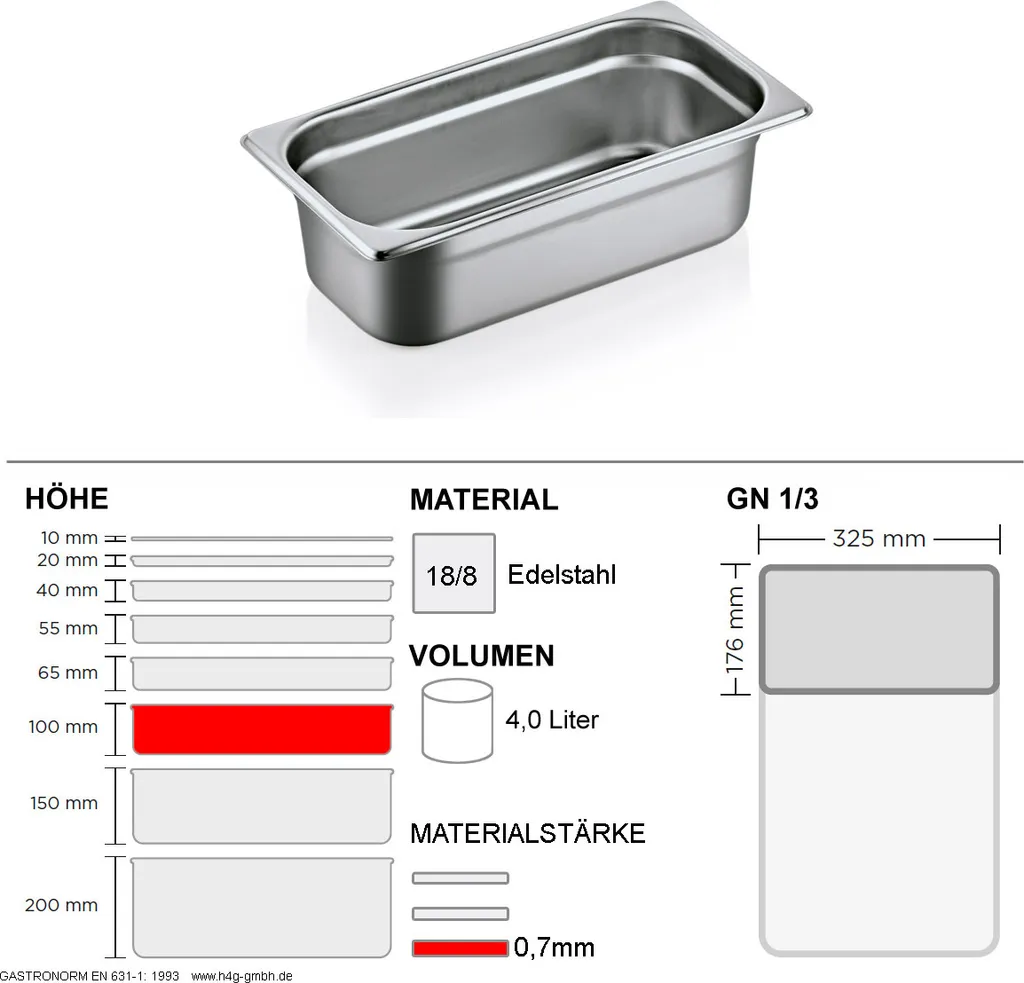 Bac GN 1/3 Acciaio Inox Professional 100mm - Resistenza Termica GN90