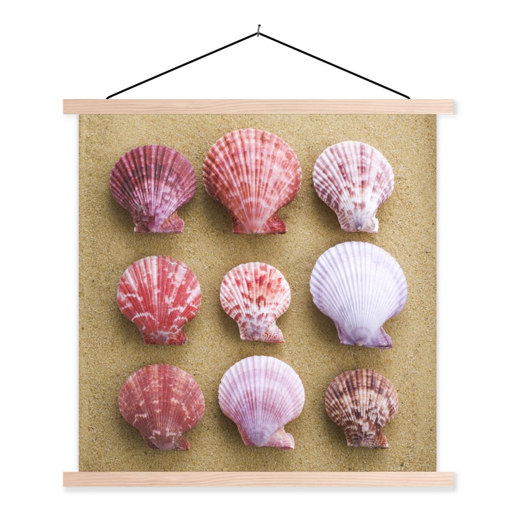MuchoWow Textilposter Muscheln - Rosa - Strand 120x120 cm mit holzfarbenen Rahmen - Textil-Poster