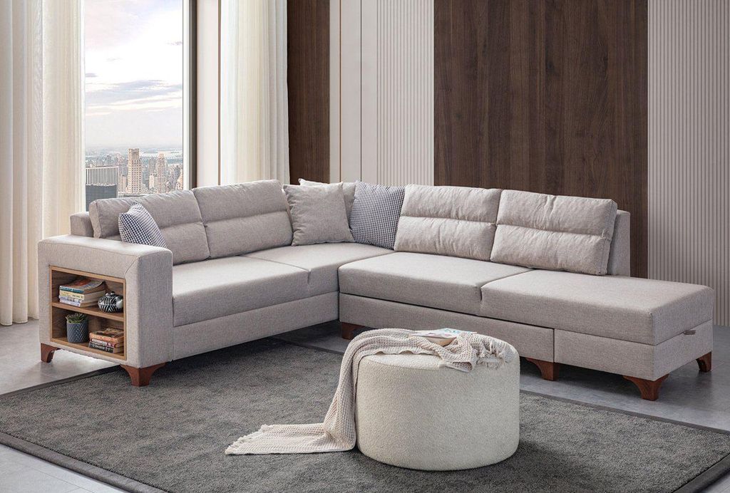 Hanah Home, Ecksofa-Bett in Creme, 230 x 285 cm, 100% Polyester, 8 Kissen, 240 kg Tragkraft, Pflegeleicht, Tragbare Rückenlehne, Modernes Design f...