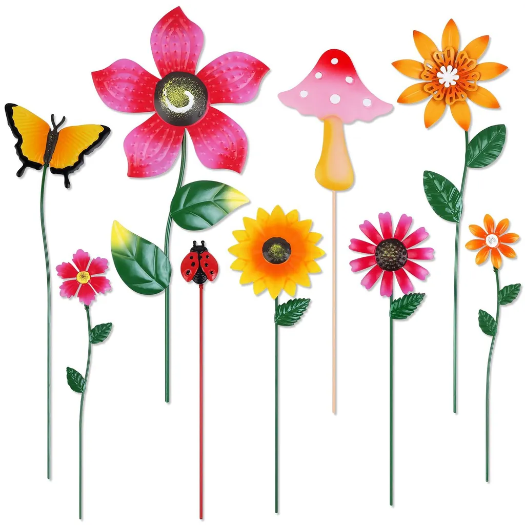 Lot de 10 Décorations de Jardin en Métal avec Piquets Fleurs Papillons