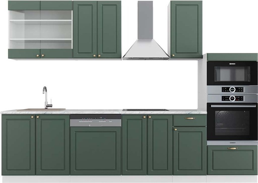Küchenzeile Vicco Fame-Line Grün-Gold Landhaus/Weiß 300 cm mit Hochschrank, AP Marmor, Model 42211