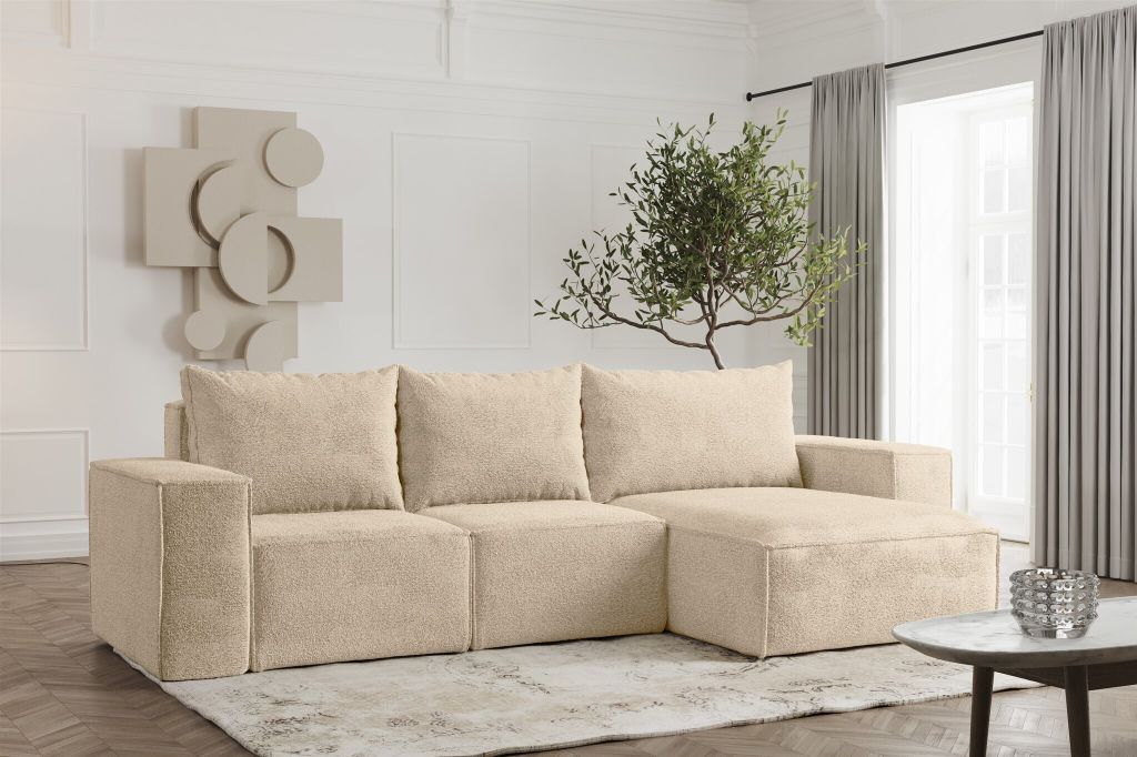 Ecksofa Designersofa ESTELLE in Stoff Abriamo Beige Ottomane Rechts