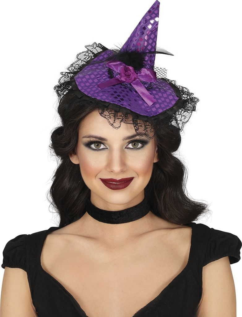 Hexe Halloween Haarreif Lila Hut Zauberin Fasching Kostüm Kopfaccessoire Party, Farbe: Lila