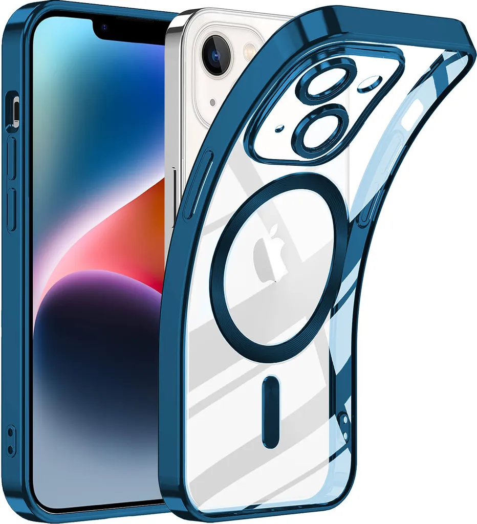 Custodia per iPhone 14 Magnetic Ultra Thin Transparent Case con Magsafe e Camera Cover Blu