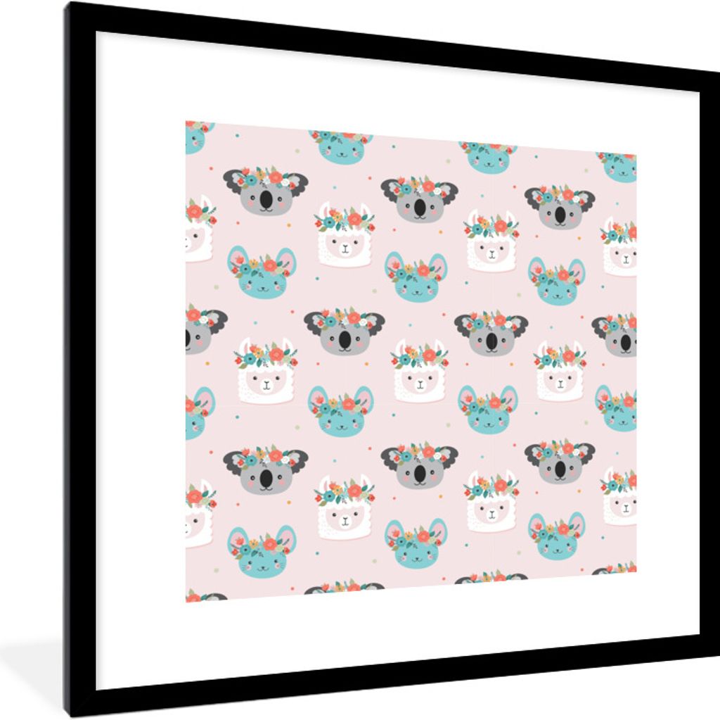 MuchoWow Gerahmtes Poster Lama - Koala - Blumen - Pastell 40x40 cm - Poster mit Schwarzem Bilderrahmen Wandposter Rahmen Foto Bilder - Poster - P...