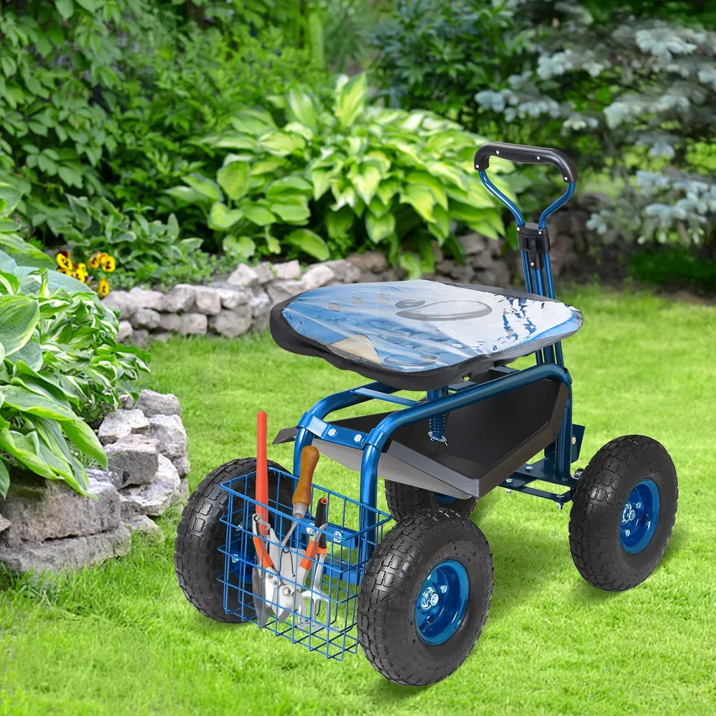 Carrello da officina rotante in acciaio con capacità di carico fino a 136 kg Carrello da giardino con manico da 25 cm e sedile regolabile in altezza da 45 a 54 cm Carrello rotante Pressione pneumatici 30 PSI Sedile da lavoro Sedile da giardino blu - 8
